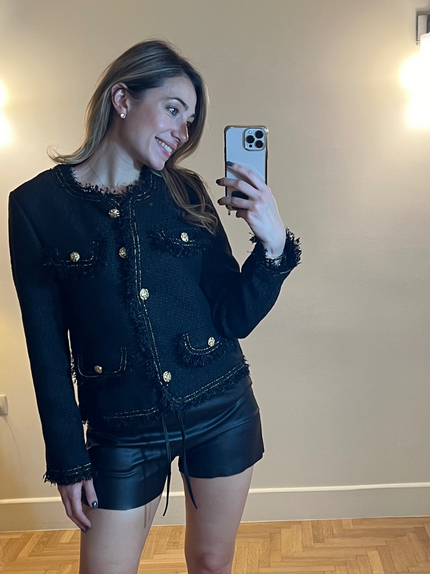 Tweed blazer with gold buttons