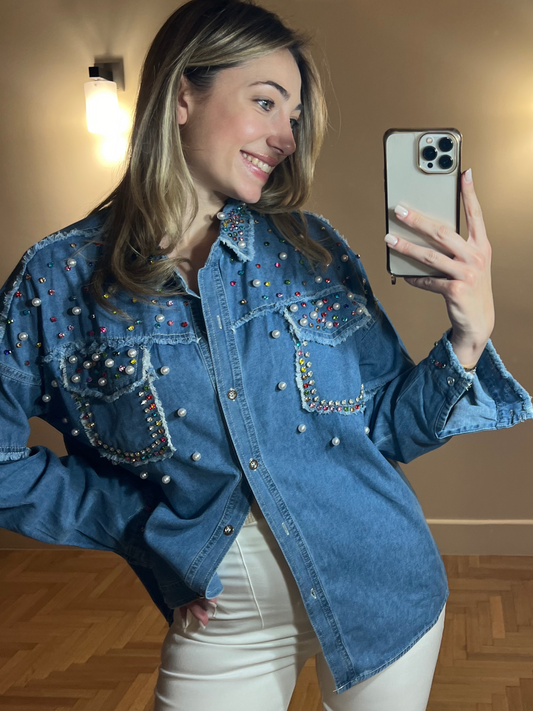 Denim jacket with multi color crystals