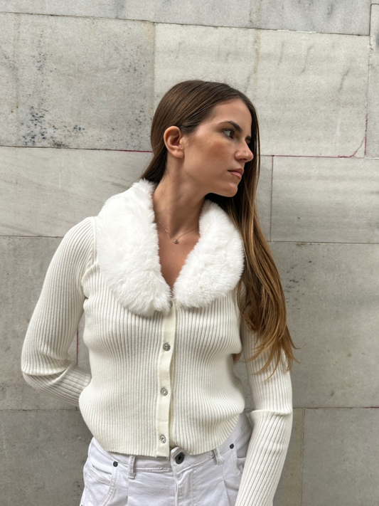 Cardigan with eco fur collar